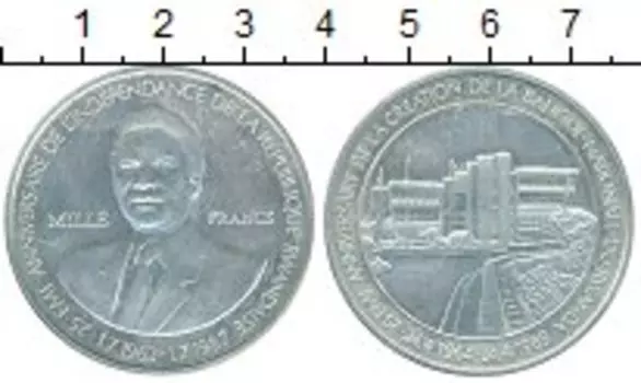 Монета 1000 франков Руанды 1989 года Серебро 25 лет национальному банку