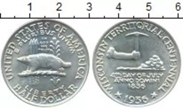 Монета 1/2 доллара Америки 1936 года Серебро Висконсин, Росомаха