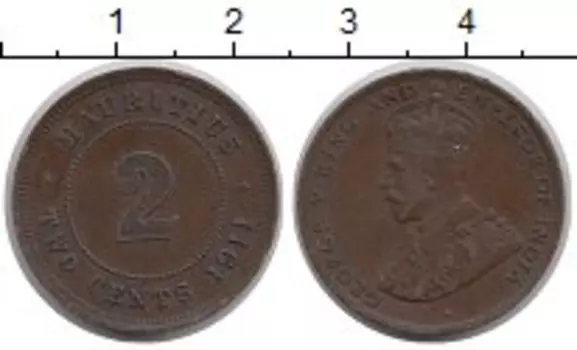 Монета 2 цента Маврикия 1911 года Бронза Георг V