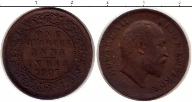 Монета 1/4 анны Индии 1907 года Бронза Эдуард VII