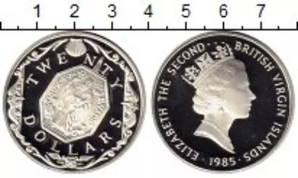 Монета 20 долларов Виргинских островов 1985 года Серебро Елизавета II