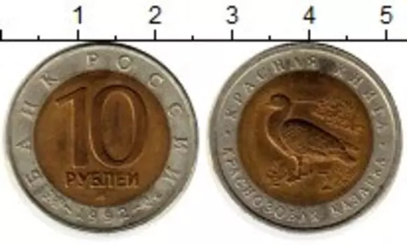 Монета 10 рублей России 1992 года Биметалл Краснозобая казарка