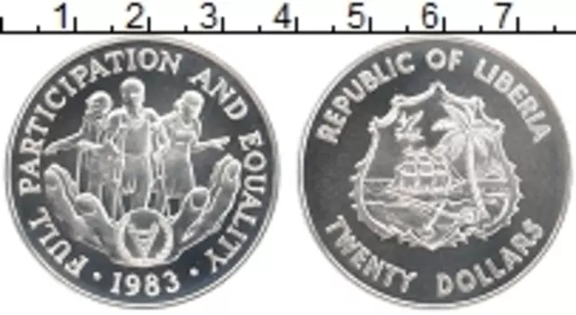 Монета 20 долларов Либерии 1983 года Серебро Год инвалидов
