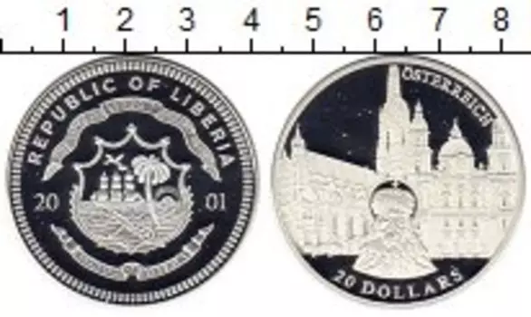 Монета 20 долларов Либерии 2001 года Серебро Австрия