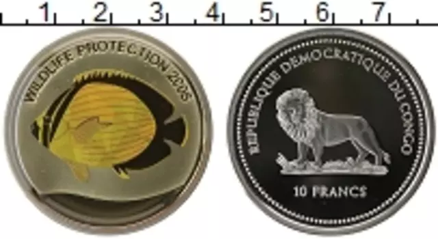 Монета 10 франков Конго 2005 года Серебро Рыба
