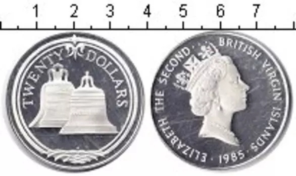 Монета 20 долларов Виргинских островов 1985 года Серебро Елизавета II