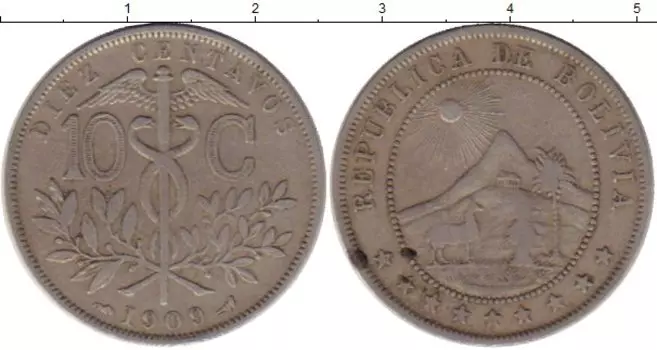 Монета 10 сентаво Боливии 1909 года Медно-никель