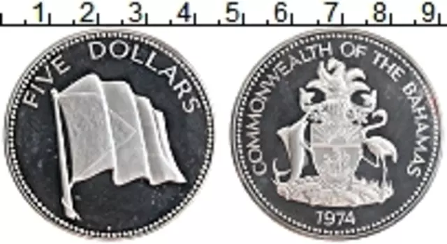 Монета 5 долларов Багамских островов 1974 года Серебро флаг
