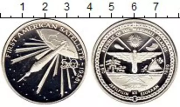 Монета 50 долларов Маршалловых островов 1989 года Серебро Первый Американский спутник