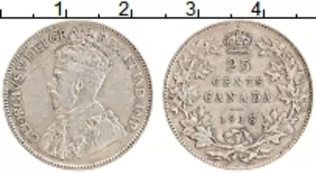Монета 25 центов Канады 1918 года Серебро Георг V