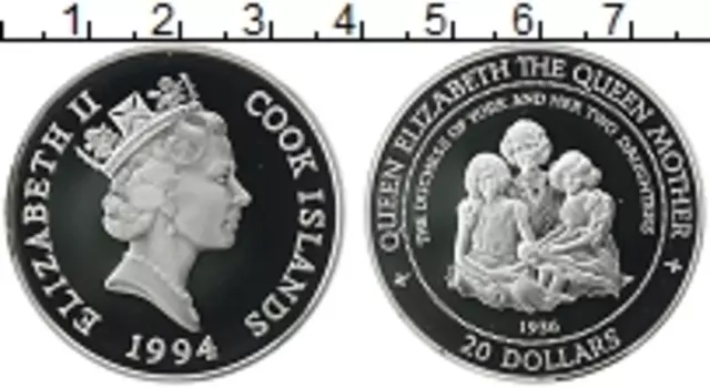Монета 20 долларов Островов Кука 1994 года Серебро Королева-мать