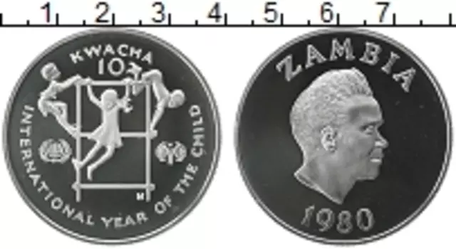 Монета 10 квач Замбии 1980 года Серебро Год ребенка
