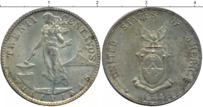 Монета 20 сентаво Филиппин 1944 года Серебро Американская администрация