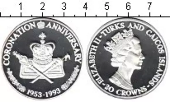 Монета 20 крон Теркc и Кайкоса 1993 года Серебро 40-летие коронации Елизаветы II