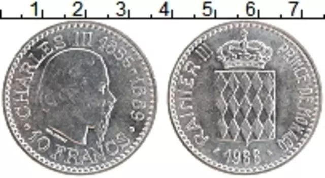 Монета 10 франков Монако 1966 года Серебро Чарльз III