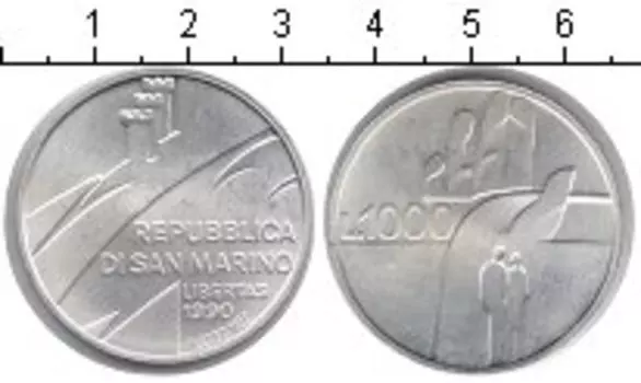 Монета 1000 лир Сан-Марино 1990 года Серебро 1600 лет истории