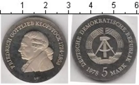 Монета 5 марок ГДР 1978 года Медно-никель Фридрих Клопсток