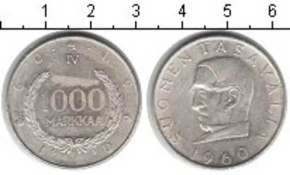 Монета 1000 марок Финляндии 1960 года Серебро 100-летие введения финской марки