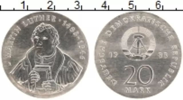 Монета 20 марок ГДР 1983 года Серебро 500 лет со дня Рождения Мартина Лютера