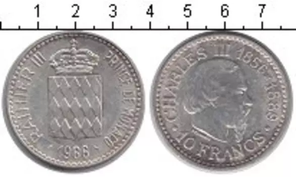 Монета 10 франков Монако 1966 года Серебро Чарльз III