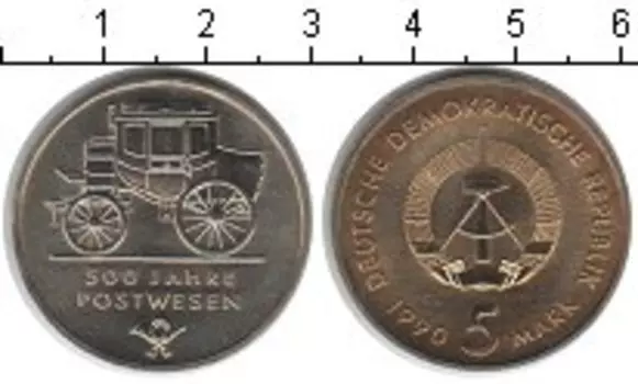Монета 5 марок ГДР 1990 года Медно-никель 500 лет почте