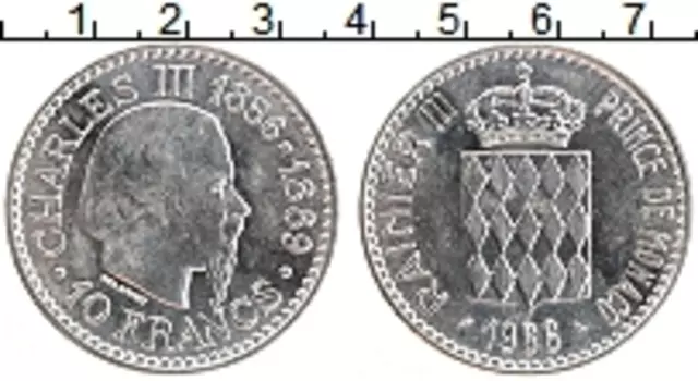 Монета 10 франков Монако 1966 года Серебро Чарльз III
