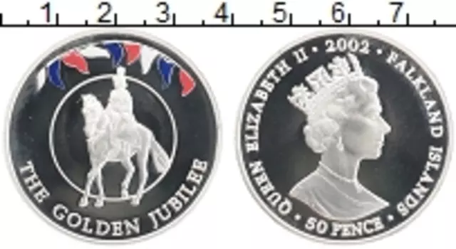 Монета 50 пенсов Фолклендских островов 2002 года Серебро Золотой юбилей