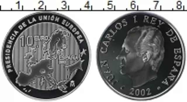 Монета 10 евро Испании 2002 года Серебро Председательство Испании в Евросоюзе