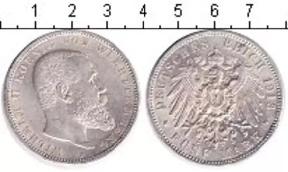 Монета 5 марок Вюртемберга 1913 года Серебро Вильгельм II