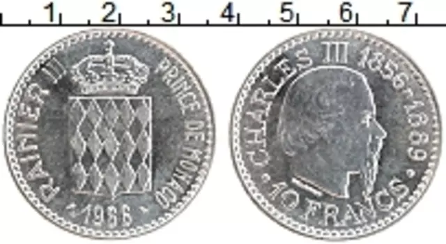 Монета 10 франков Монако 1966 года Серебро Чарльз III
