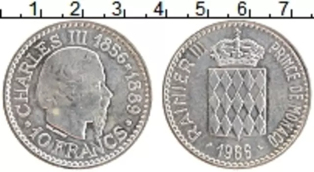 Монета 10 франков Монако 1966 года Серебро Чарльз III