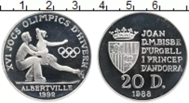 Монета 20 динерс Андорры 1988 года Серебро Олимпиада-1992 в Альбервиле