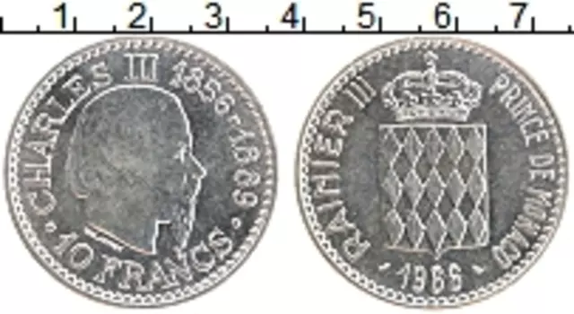 Монета 10 франков Монако 1966 года Серебро Чарльз III