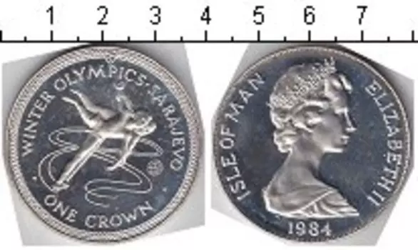 Монета крона Острова Мэн 1984 года Серебро Зимние олимпийские игры в Сараево