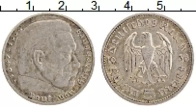Монета 5 марок Третьего Рейха 1936 года Серебро А