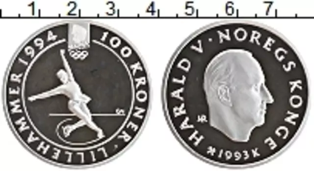 Монета 100 крон Норвегии 1993 года Серебро Гаральд V