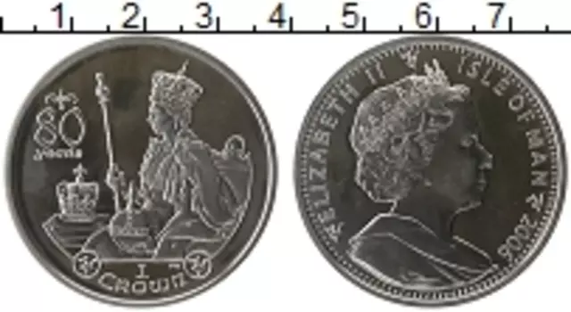 Монета крона Острова Мэн 2006 года Серебро 80- летний юбилей королевы