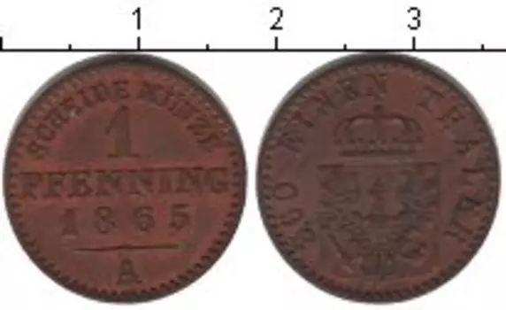 Монета пфенниг Пруссии 1865 года Медь А