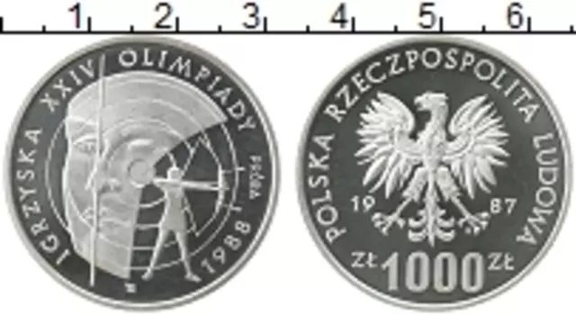 Монета 1000 злотых Польши 1987 года Серебро Зимнияя Олимпиада 1988