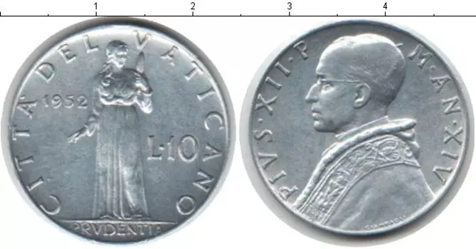 Монета 10 лир Ватикана 1952 года Алюминий Пий XII