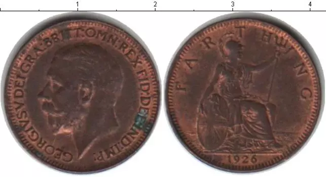 Монета фартинг Англии 1926 года Медь Георг V