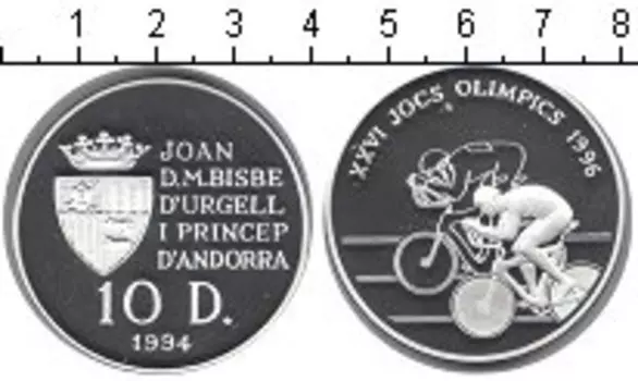 Монета 10 динерс Андорры 1994 года Серебро XXVI летние Олимпийские игры 1996 г