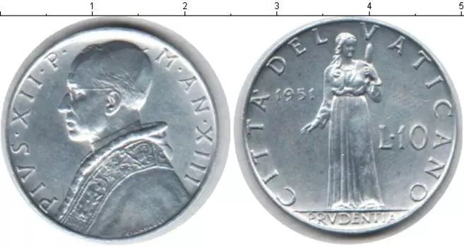 Монета 10 лир Ватикана 1951 года Алюминий Пий XII