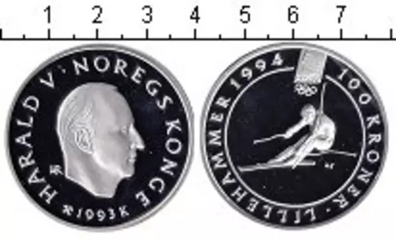 Монета 100 крон Норвегии 1993 года Серебро XVII зимние Олимпийские игры 1994 г