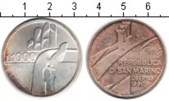 Монета 1000 лир Сан-Марино 1990 года Серебро