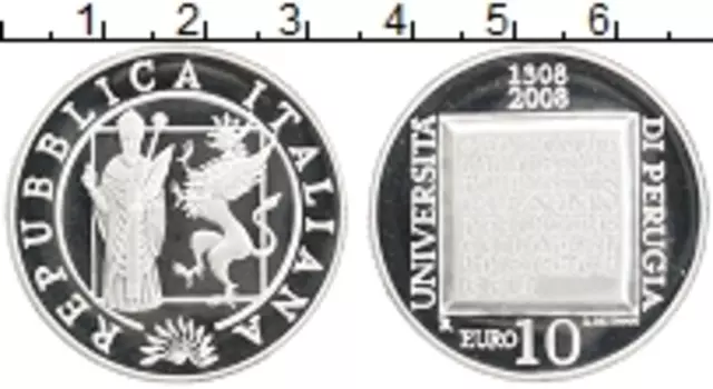 Монета 10 евро Италии 2008 года Серебро 700-летие университета Перуджи