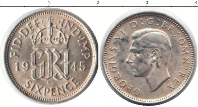 Монета 6 пенсов Англии 1945 года Серебро Георг VI