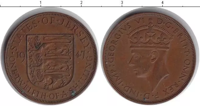 Монета 1/12 шиллинга Острова Джерси 1947 года Медь Георг VI