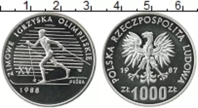 Монета 1000 злотых Польши 1987 года Серебро Зимнияя Олимпиада 1988