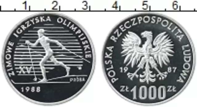 Монета 1000 злотых Польши 1987 года Серебро Зимнияя Олимпиада 1988